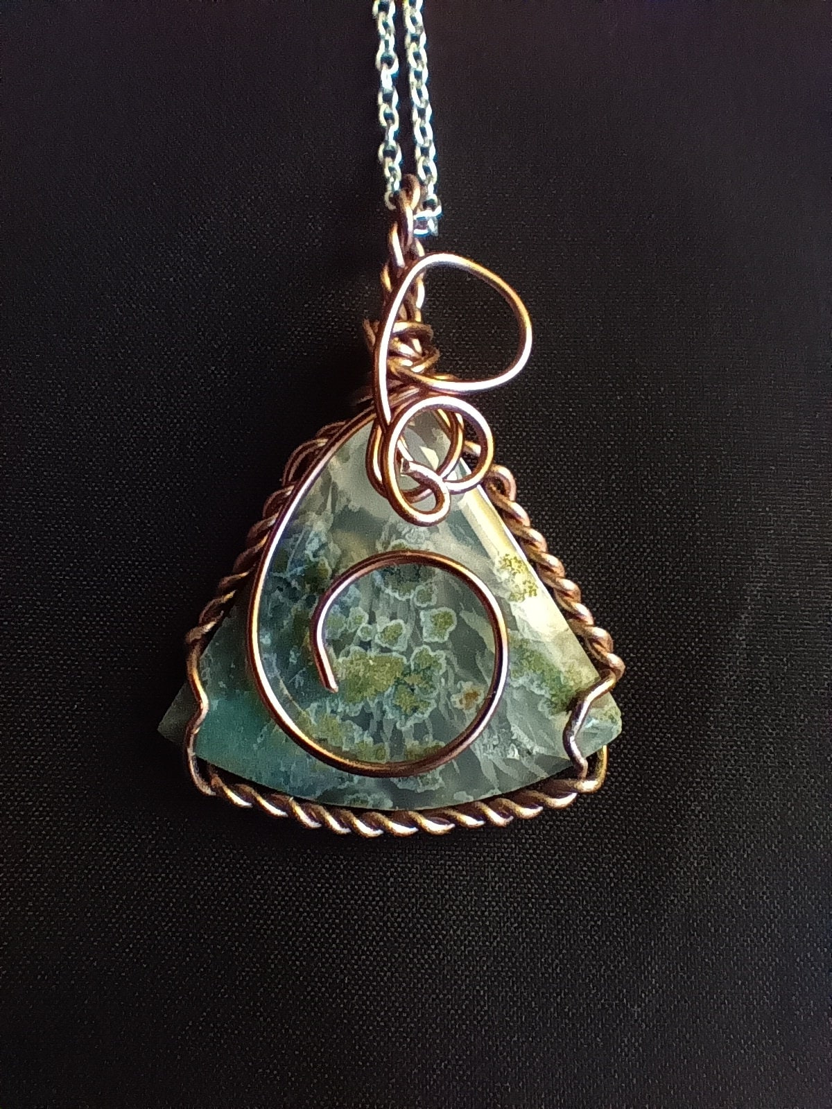 wire wrapped moss agate triangle pendant