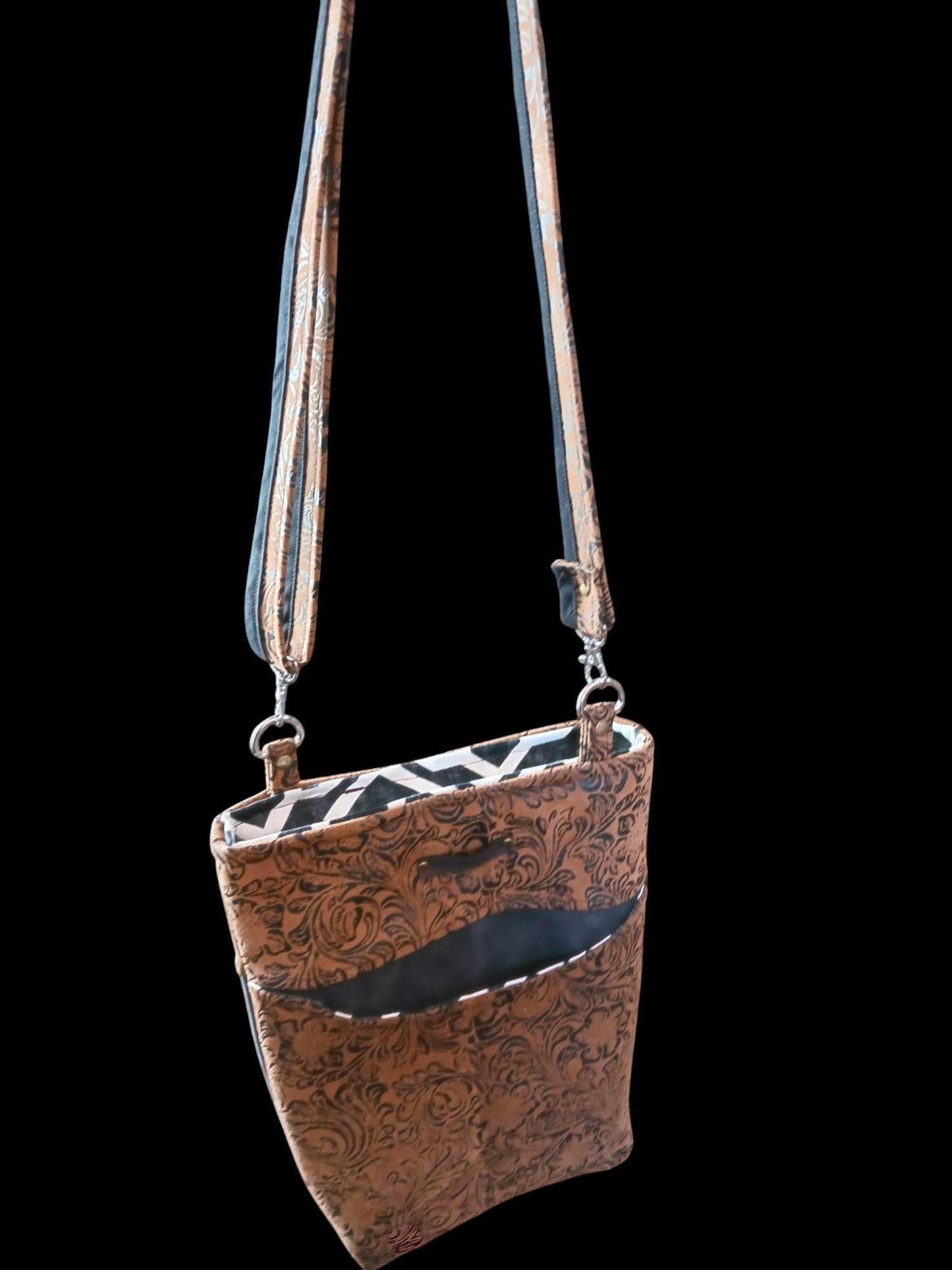 Faux Leather Purse, Two Tone Brown Floral & Black Handbag with Adjustable Strap for Everyday Use, Perfect Gift for Her